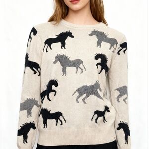 Women's Beige and Black Horse Pattern Sweater